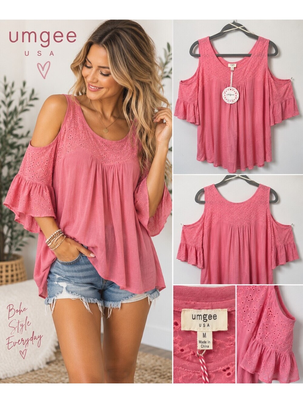 Umgee Pink Eyelet Cold Shoulder Bell Sleeve Boho Blouse Top M NWT